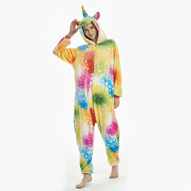 2019 Winter Animal Pajamas Stitch Sleepwear Unicorn Pajamas onesie Sets Kigurumi Women Men Unisex Adult Flannel Nightie overalls