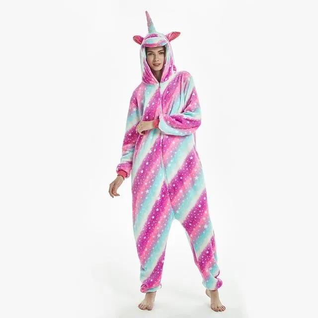 2019 Winter Animal Pajamas Stitch Sleepwear Unicorn Pajamas onesie Sets Kigurumi Women Men Unisex Adult Flannel Nightie overalls