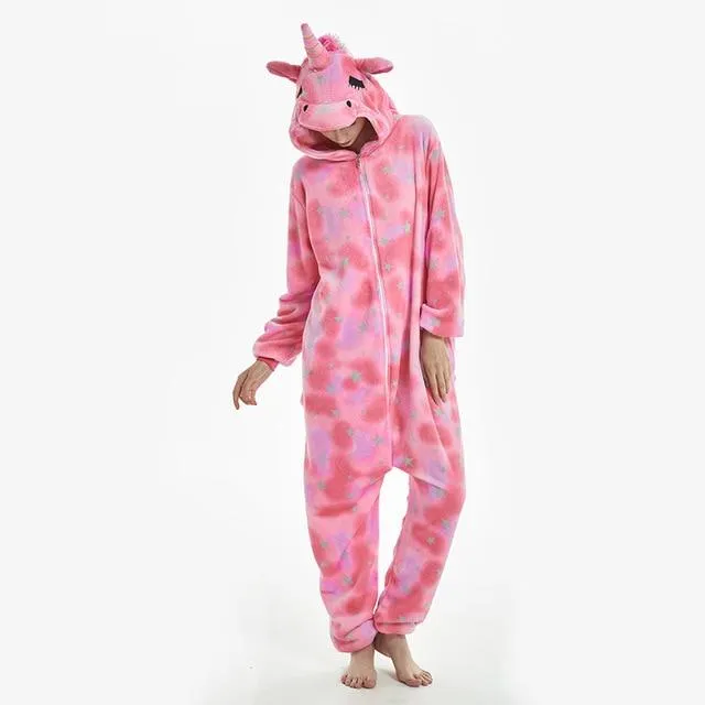 2019 Winter Animal Pajamas Stitch Sleepwear Unicorn Pajamas onesie Sets Kigurumi Women Men Unisex Adult Flannel Nightie overalls