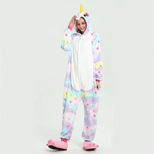 2019 Winter Animal Pajamas Stitch Sleepwear Unicorn Pajamas onesie Sets Kigurumi Women Men Unisex Adult Flannel Nightie overalls