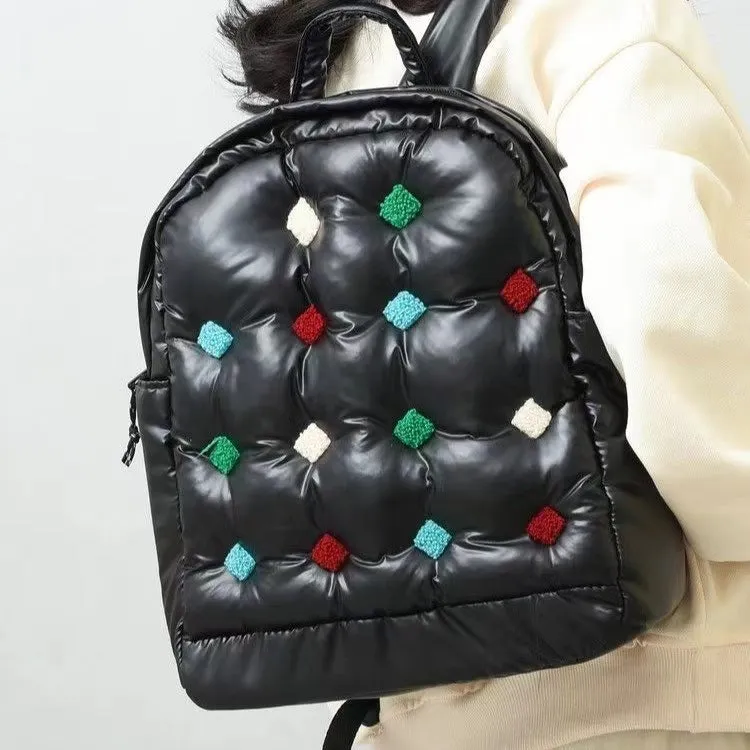 Down Backpack Men Women Colorful Dot Quilted For Outdoor Travel