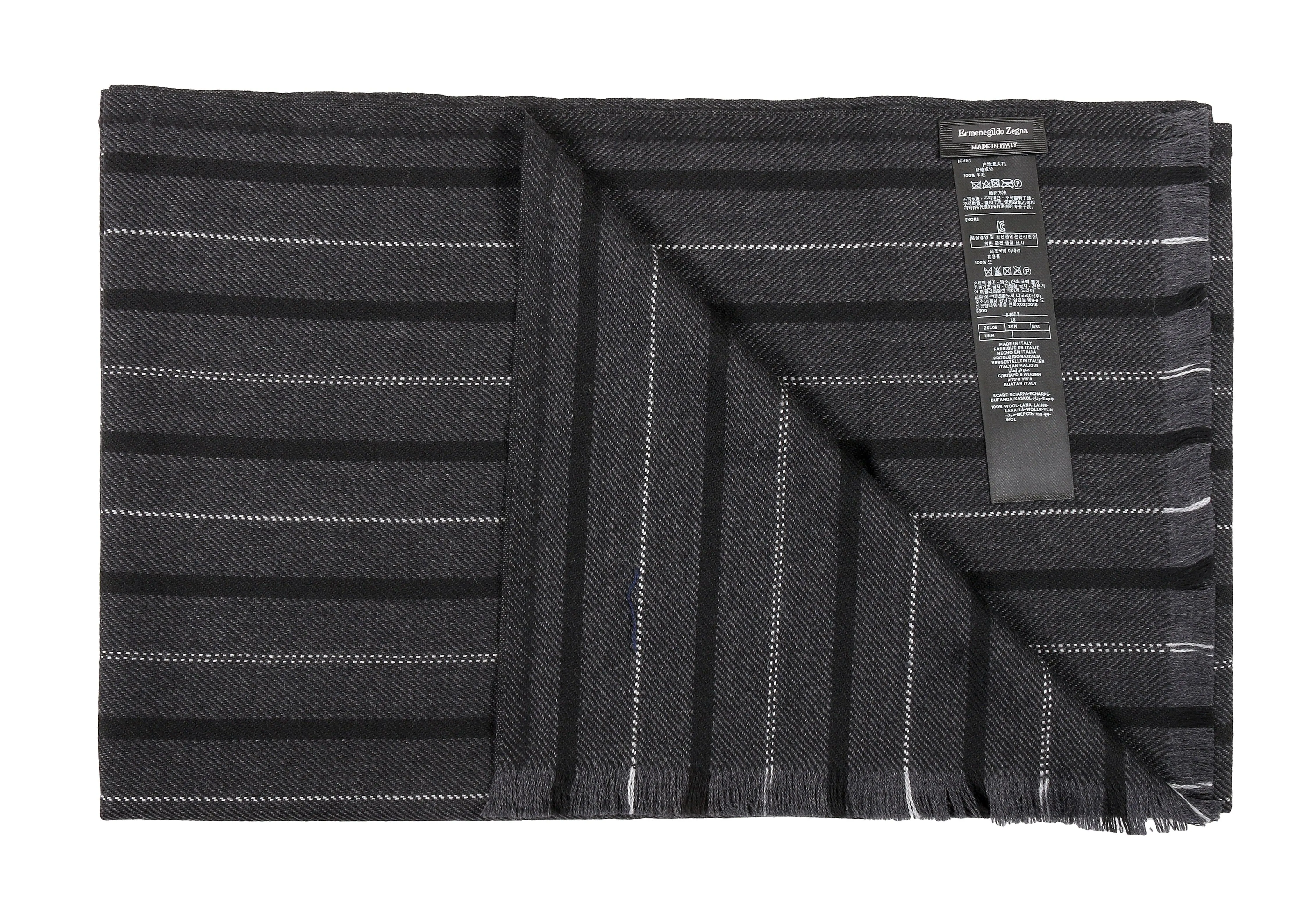 Ermenegildo Zegna Black Fine Stripe Pure Wool Fringe Scarf