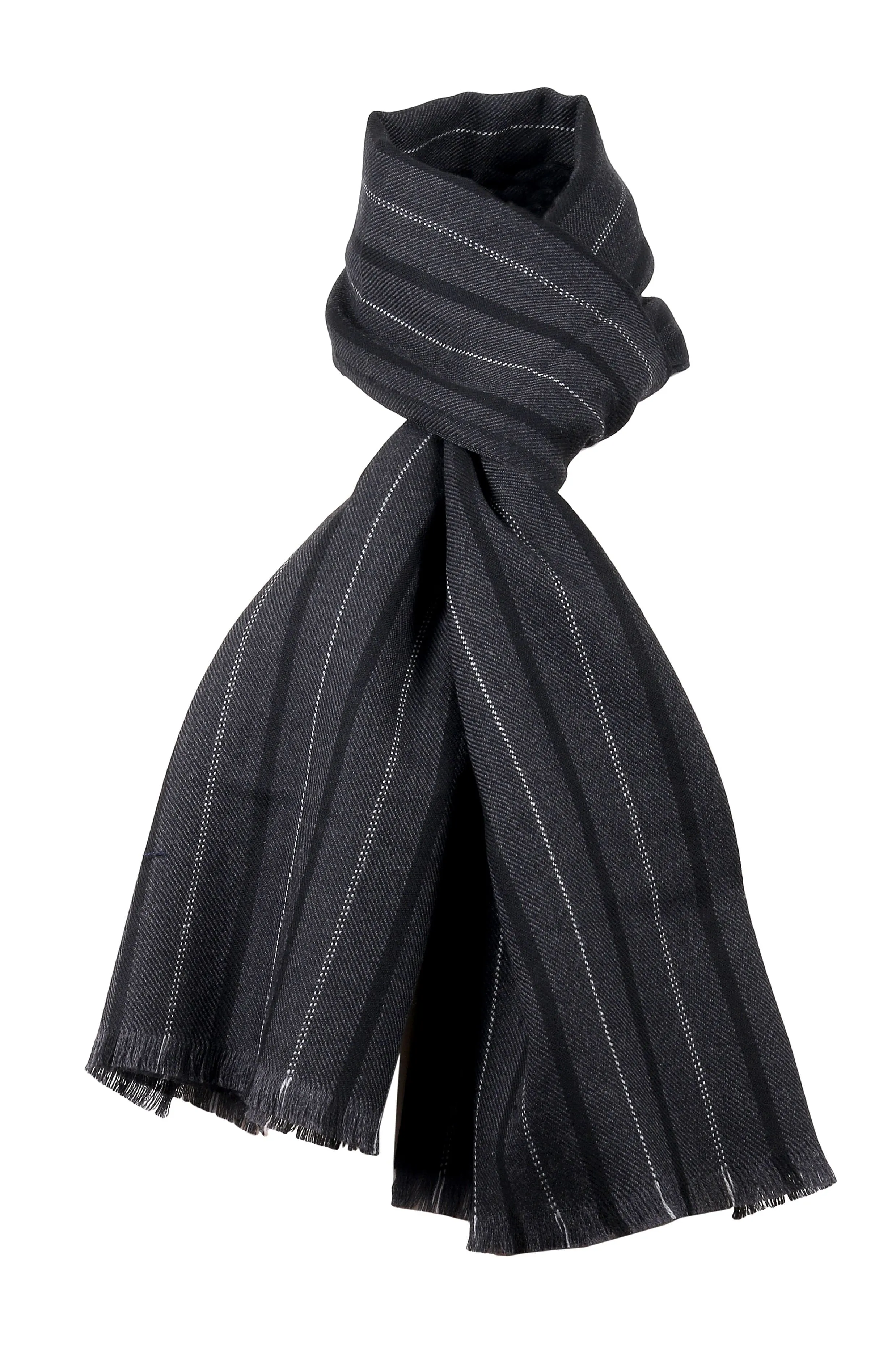 Ermenegildo Zegna Black Fine Stripe Pure Wool Fringe Scarf