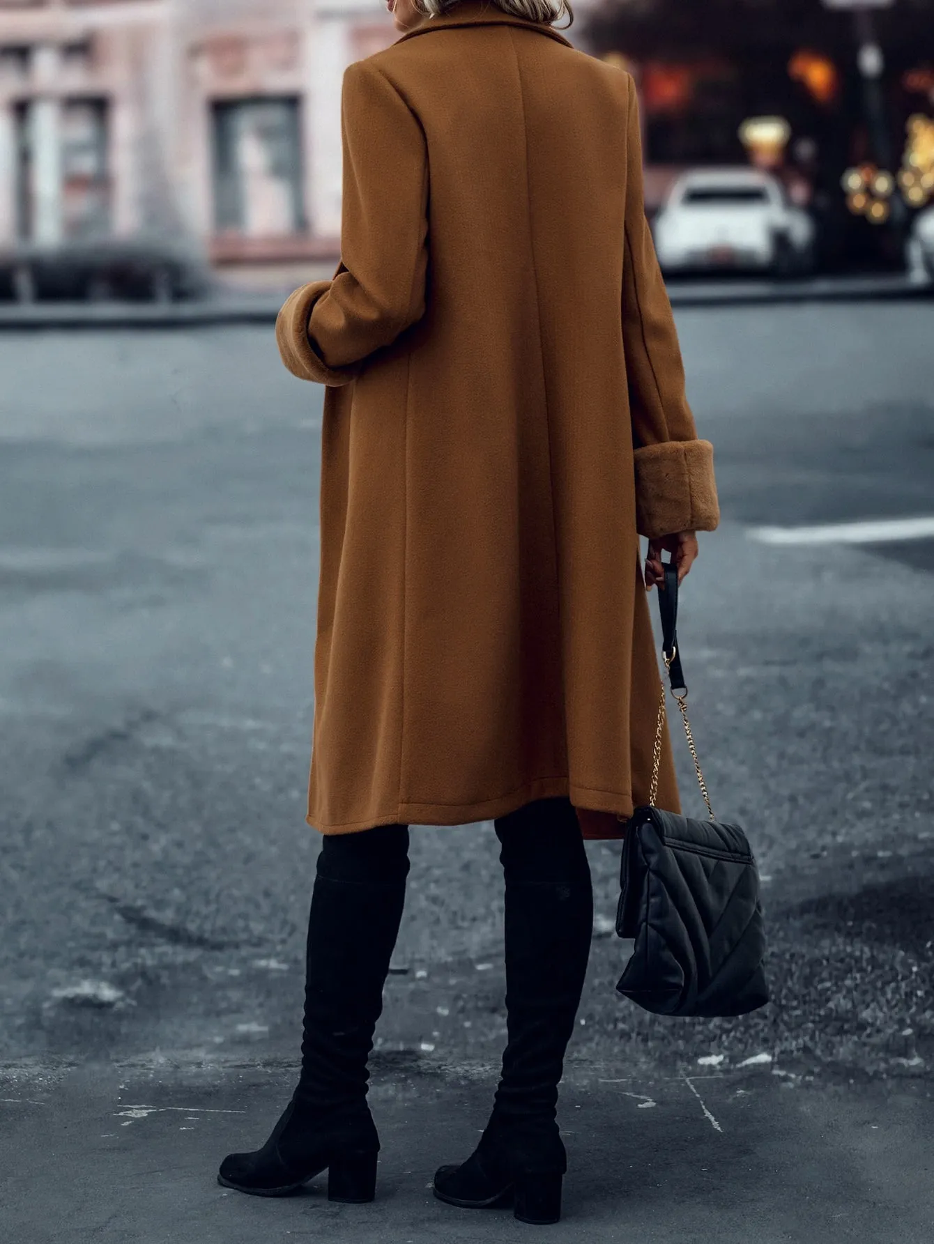 Fuzzy Cuff Double Breasted Overcoat
