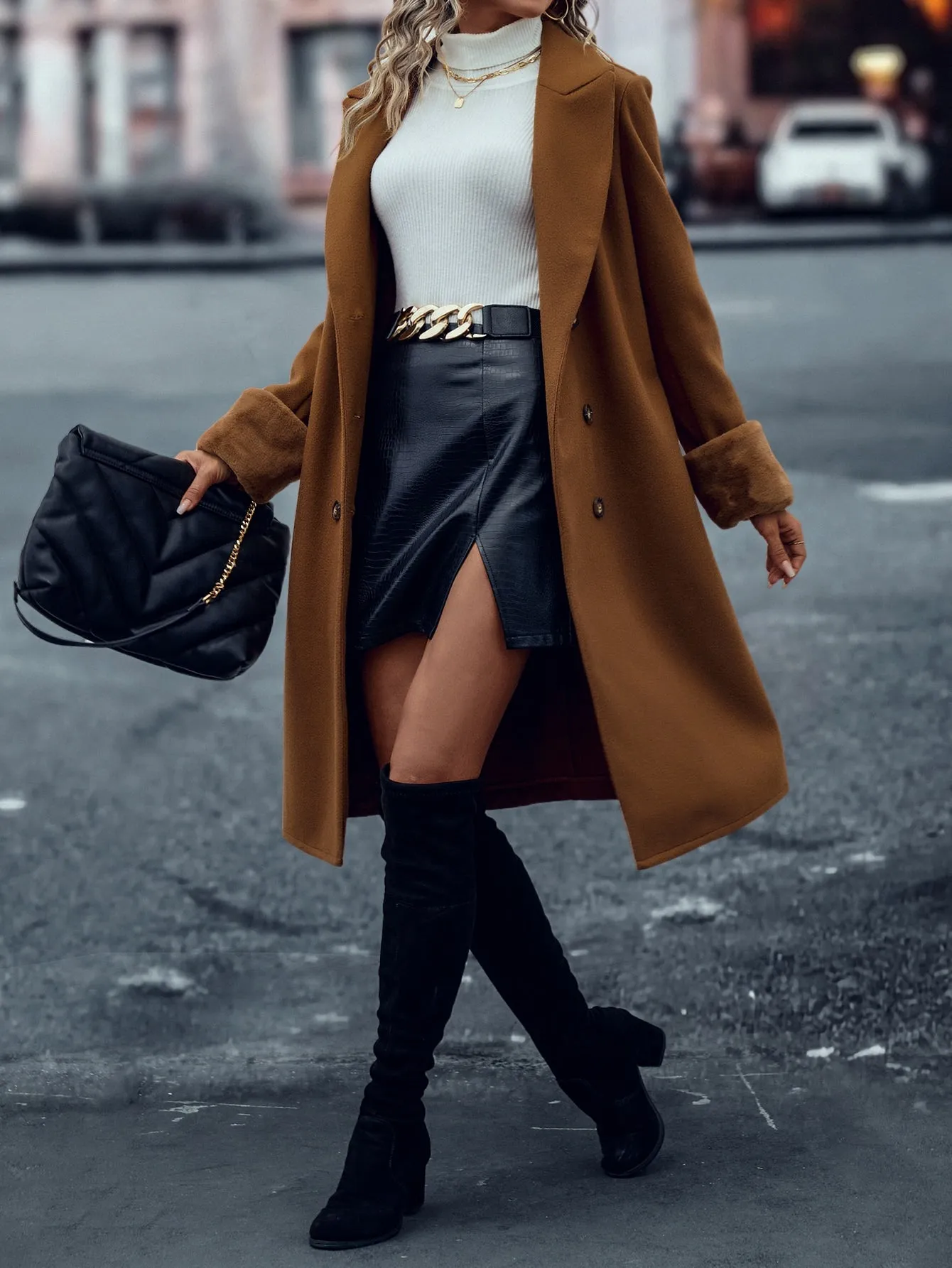 Fuzzy Cuff Double Breasted Overcoat
