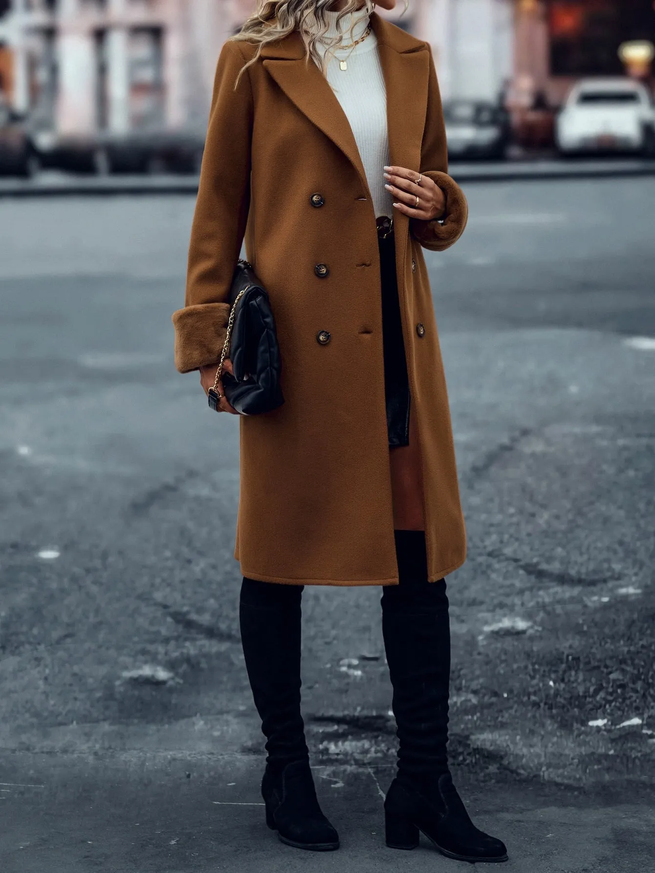 Fuzzy Cuff Double Breasted Overcoat