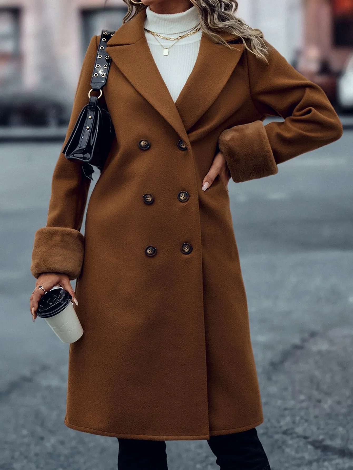Fuzzy Cuff Double Breasted Overcoat