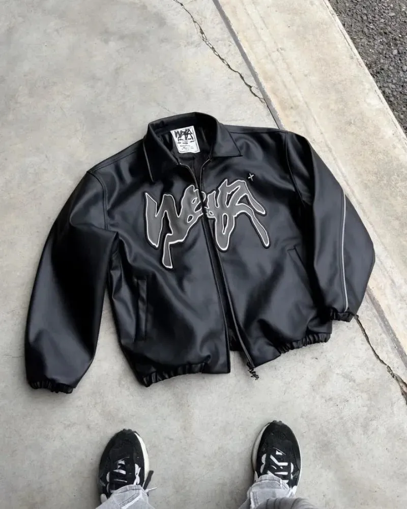 Jackets Men New Hip Hop Retro Letter Embroidery Harajuku Fashion Pu Leather Jacket Long Sleeve Zipper Jacket Coat Streetwear