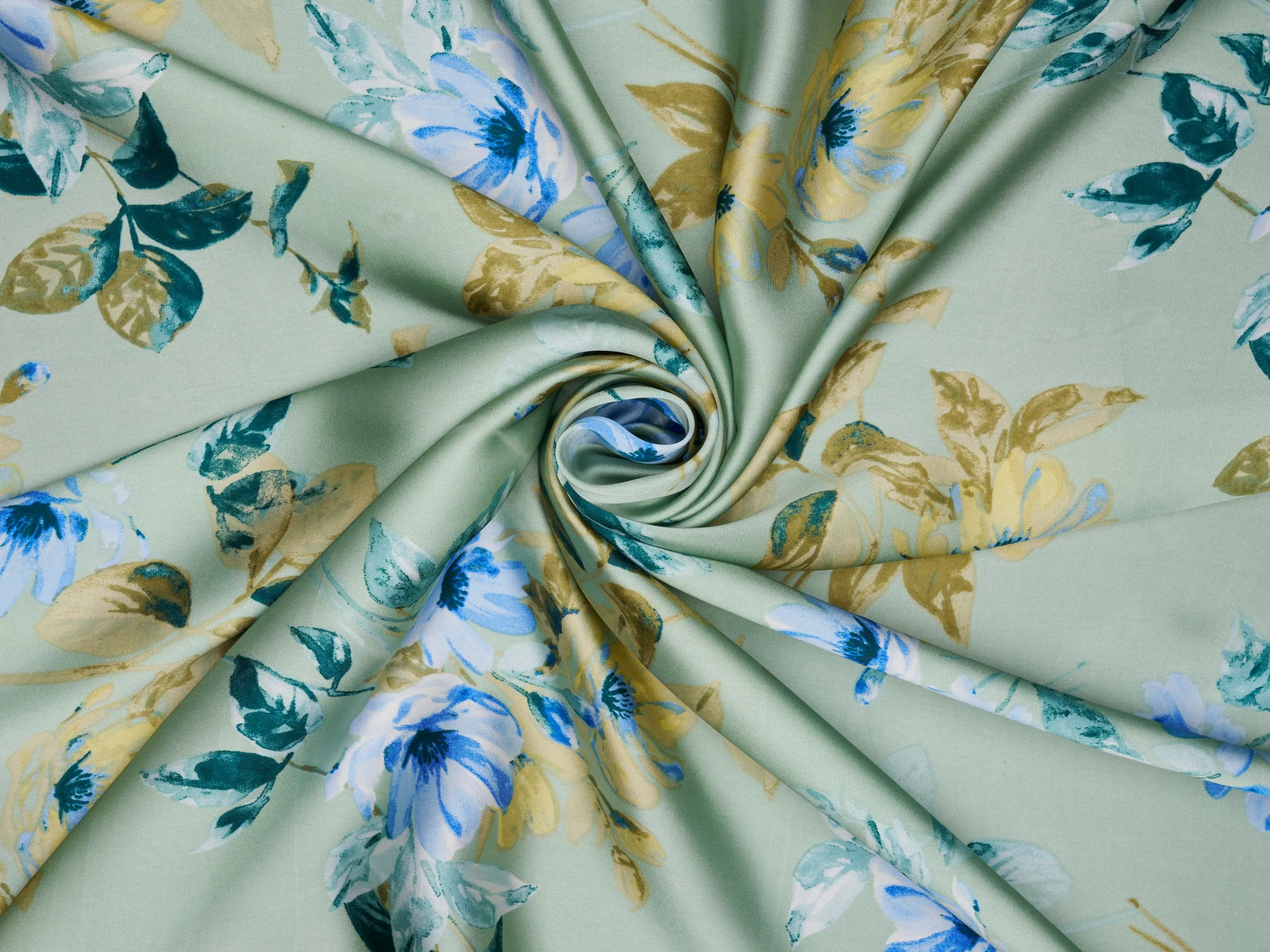 Lightweight  satin  fabric -  Green blue floral  print