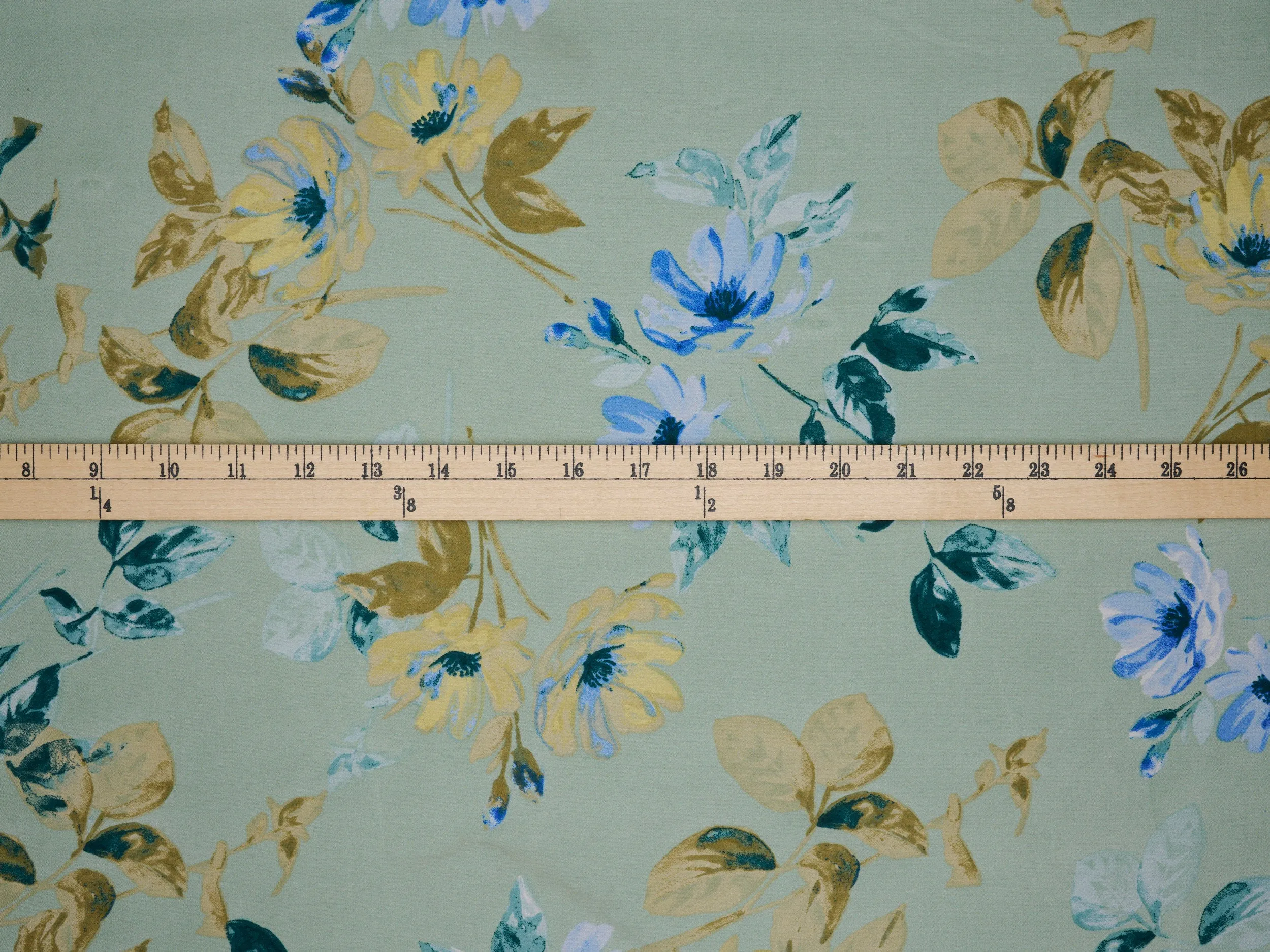 Lightweight  satin  fabric -  Green blue floral  print