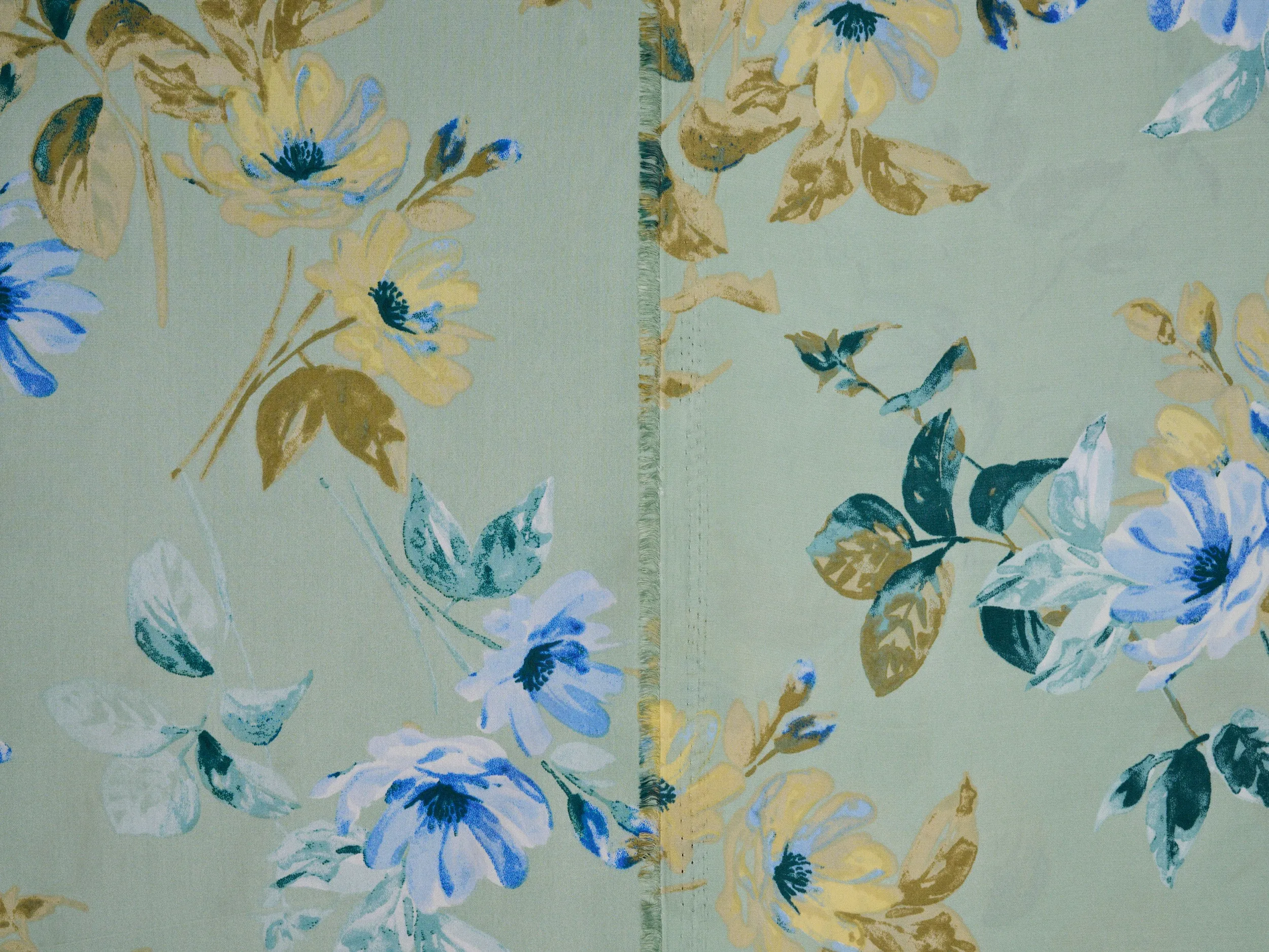 Lightweight  satin  fabric -  Green blue floral  print