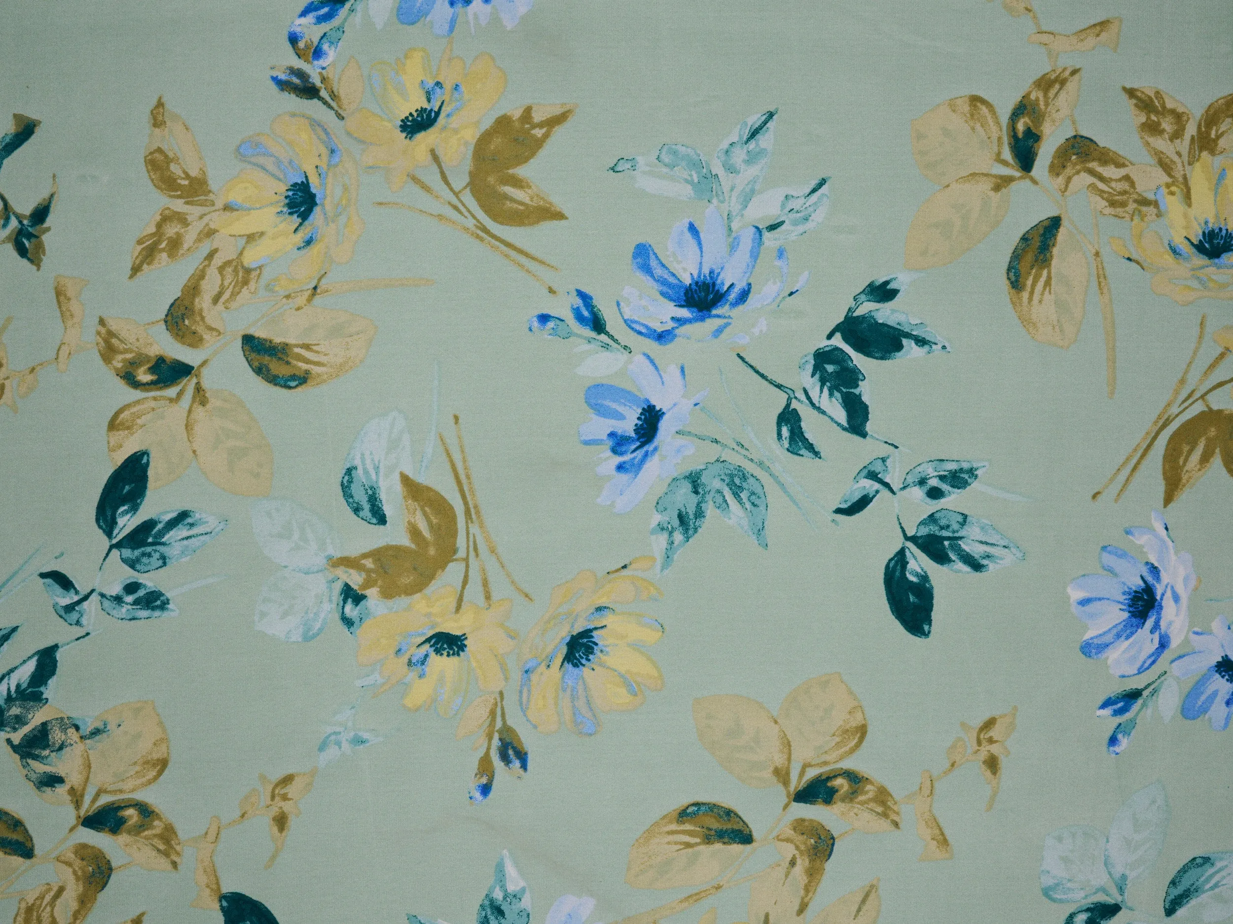 Lightweight  satin  fabric -  Green blue floral  print
