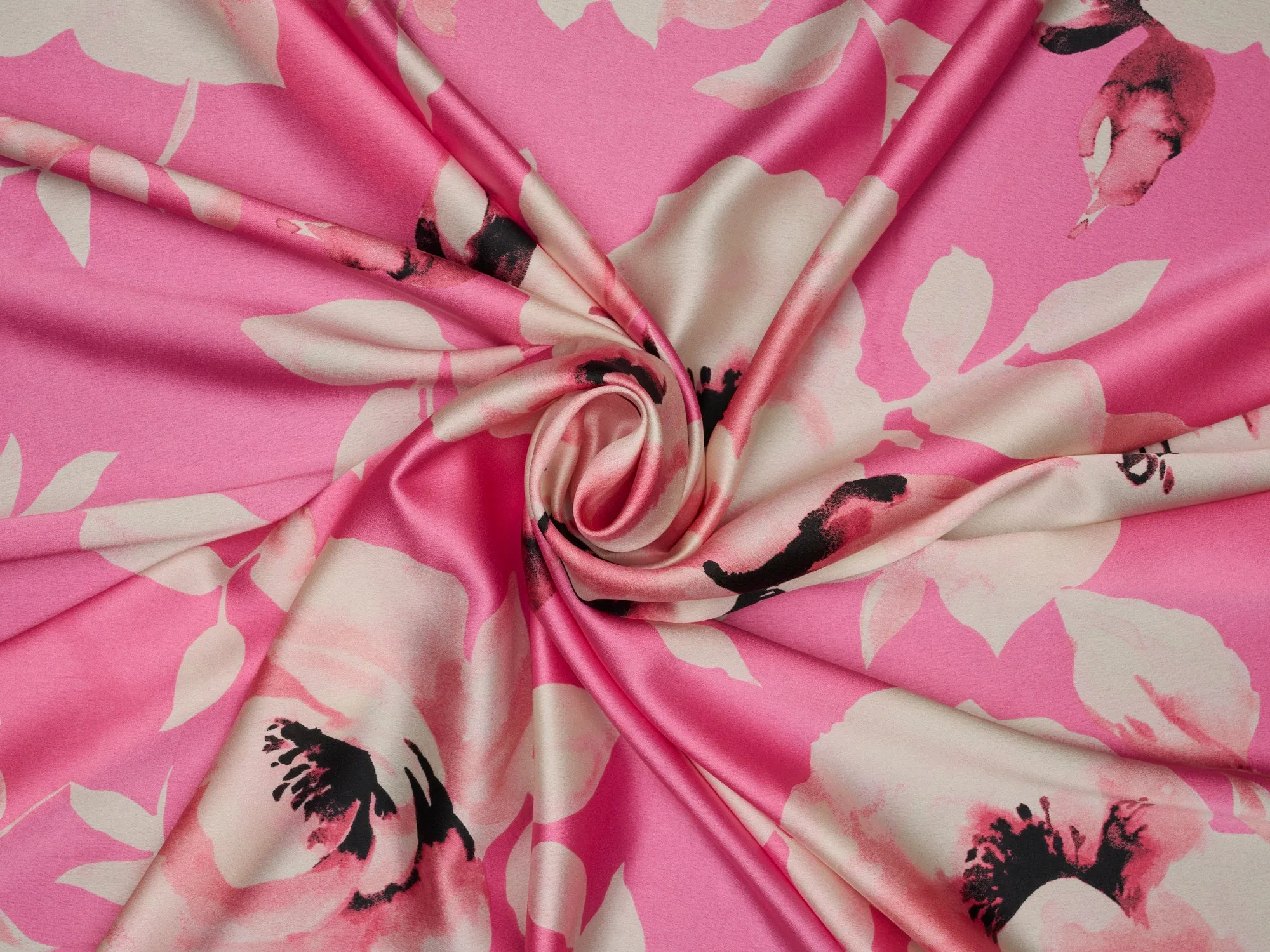 Lightweight  satin  fabric -  Pink and off white floral