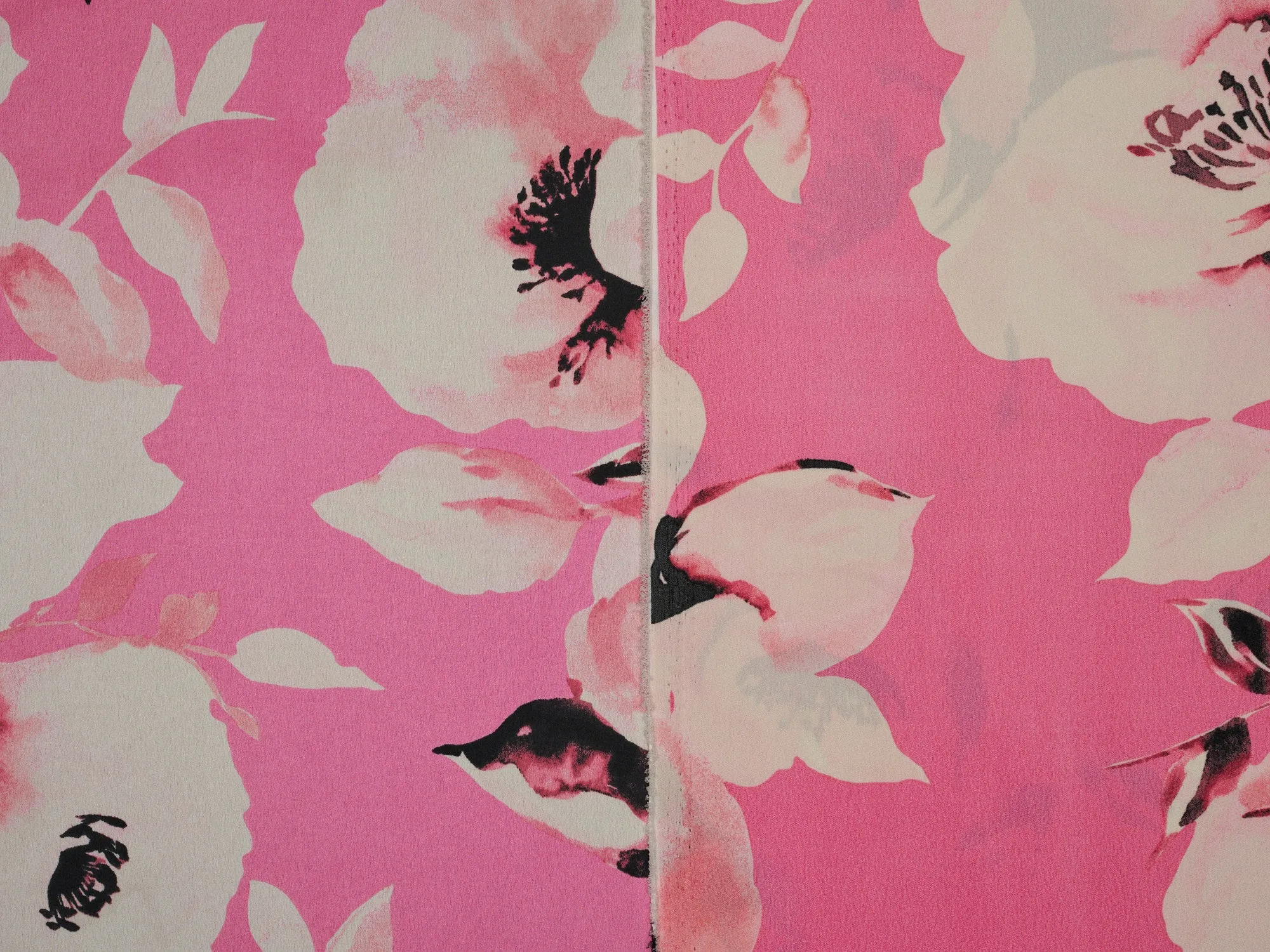 Lightweight  satin  fabric -  Pink and off white floral
