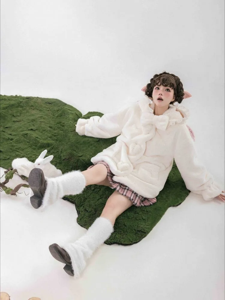 White Cute Lamb Ears Hooded Winter Cozy Plush Coat
