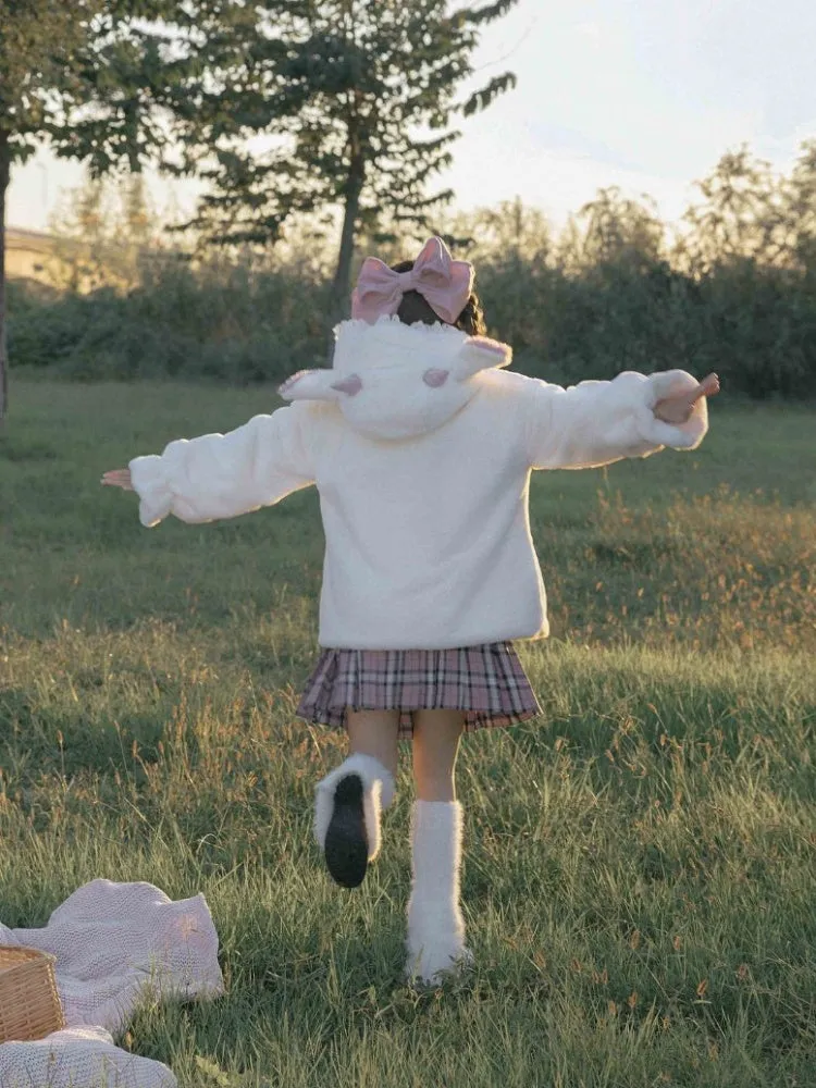 White Cute Lamb Ears Hooded Winter Cozy Plush Coat