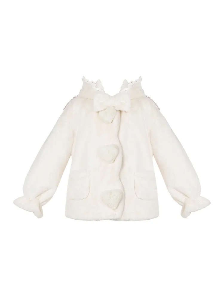 White Cute Lamb Ears Hooded Winter Cozy Plush Coat