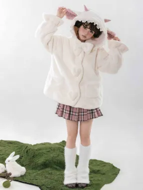 White Cute Lamb Ears Hooded Winter Cozy Plush Coat