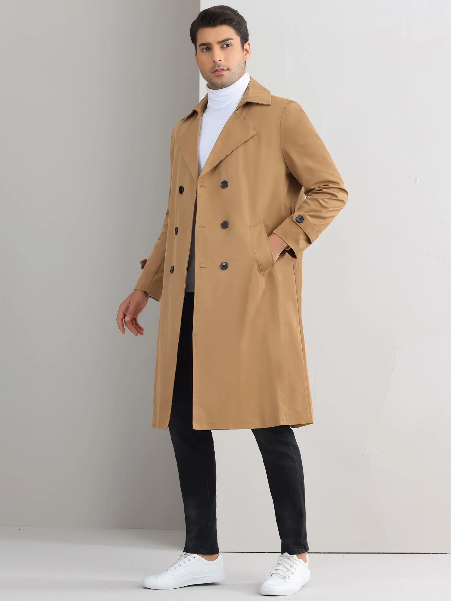 Winter Trench Coat for Men's Double Breasted Belted Long Jacket Overcoats