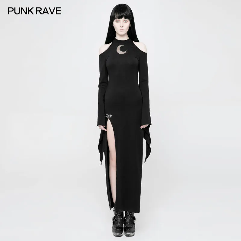 WQ-367 Womens Gothic Diablo Slit Dress With Hollow-Out Moon Pattern